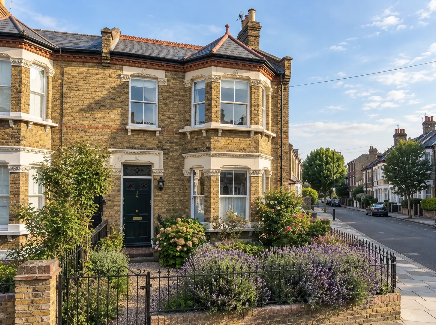 A Victorian terraced house with a green front door